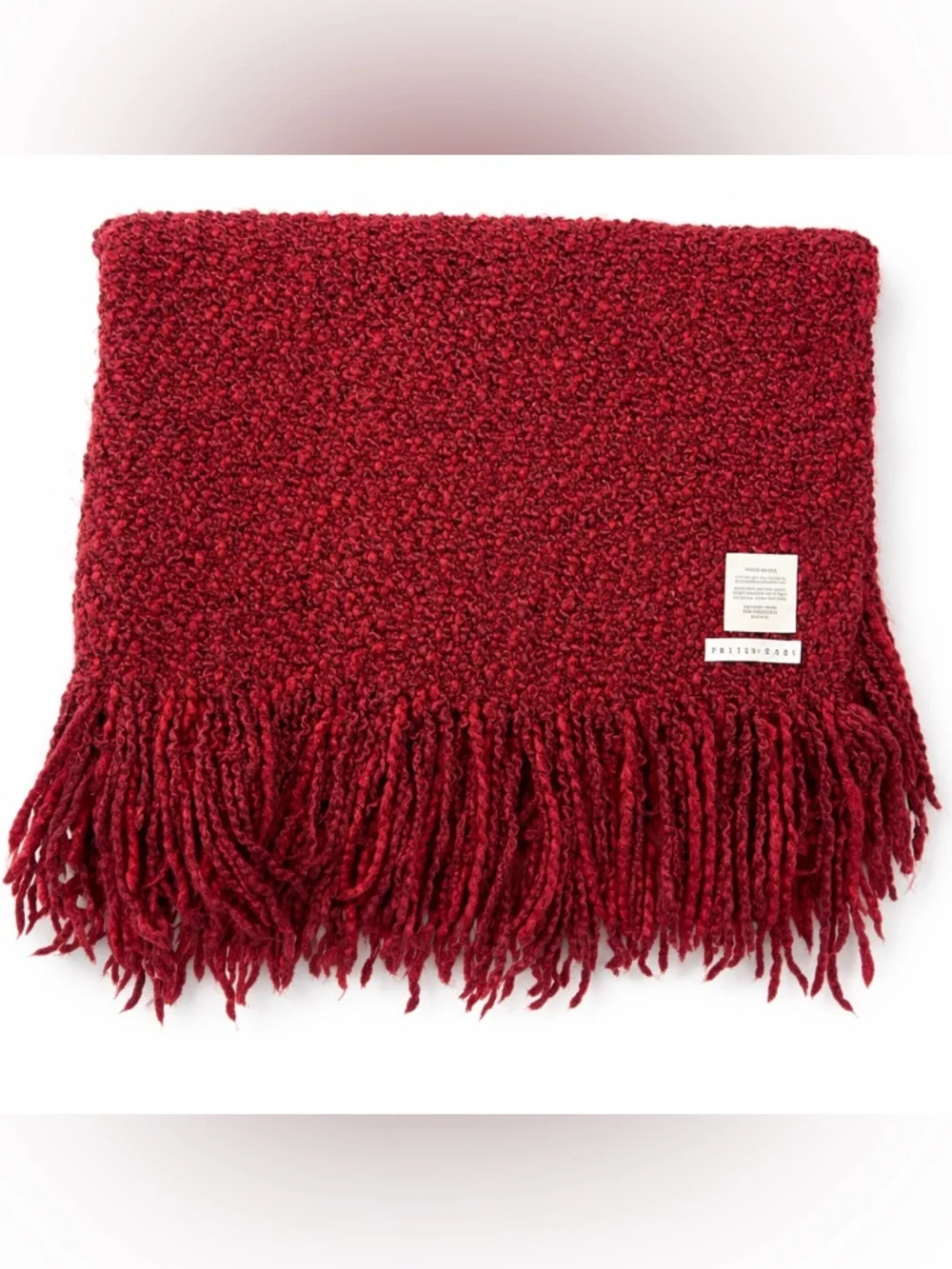 Pottery Barn Red Bouclé Fringe Throw Blanket Cozy Textured Accent 54x45